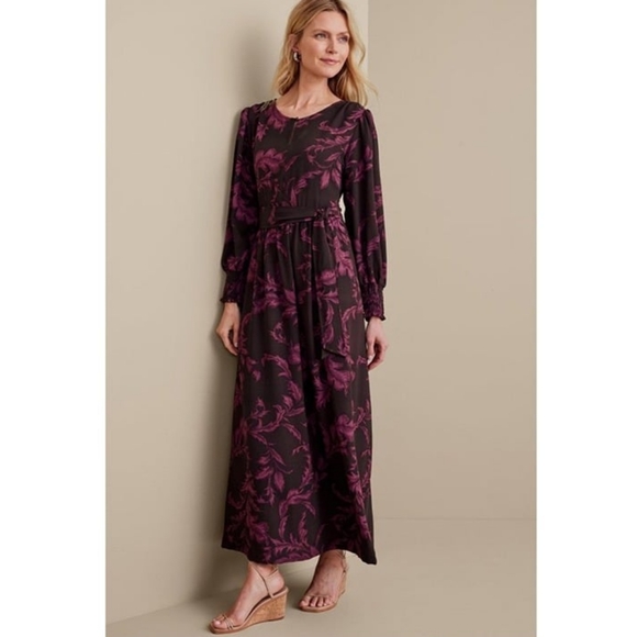 Soft Surroundings Dianthe Maxi Dress Dark Floral Puff Sleeve Cottagecore XSP - Picture 1 of 13